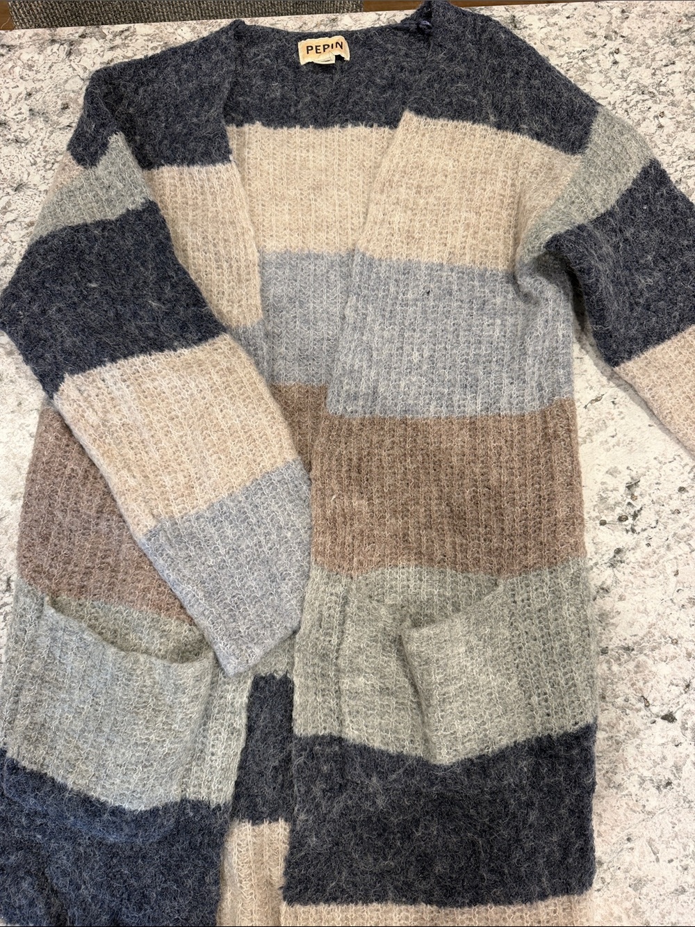 ANTHROPOLOGY - Pepin Striped Open Cardigan in Navy, Beige, Light Gray, Brown